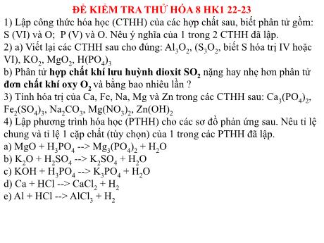 Bài giảng Hóa học 8 - Đề kiểm tra thử học kì 1 năm học 2022-2023