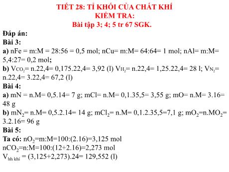Bài giảng Hóa học 8 - Tiết 28: Tỉ khối của chất khí - Năm học 2022-2023