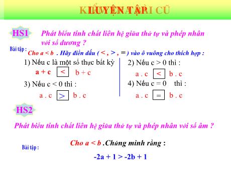 Bài giảng Toán 8 - Tiết: Luyện tập Liên hệ giữa thứ tự và phép cộng