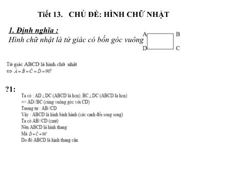Bài giảng Toán hình 8 - Tiết 13, Chủ đề: Hình chữ nhật