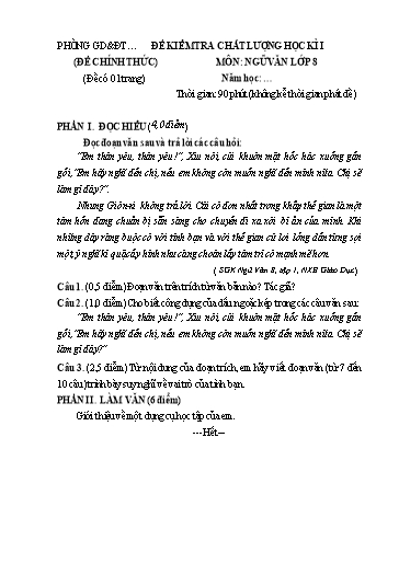 Đề kiểm tra cuối học kì 1 môn Ngữ văn 8 (Có đáp án)