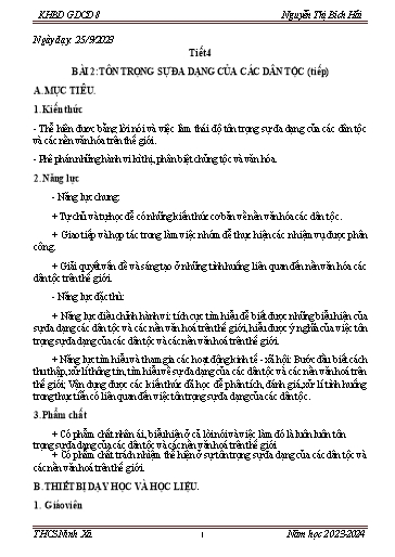 Giáo án Giáo dục công dân 8 (Kết nối tri thức) - Tiết 4, Bài 2: Tôn trọng sự đa dạng của các dân tộc - Năm học 2023-2024