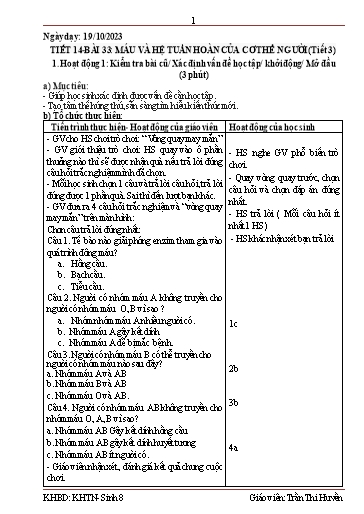 Giáo án Khoa học tự nhiên 8 (Kết nối tri thức) - Tiết 14, Bài 33: Máu và hệ tuần hoàn của cơ thể người (tiết 3) - Năm học 2023-2024