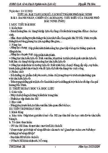 Giáo án Lịch sử địa phương 8 - Bài 3: Danh nhân, chiến sĩ cách mạng tiêu biểu của Thành phố Bắc Ninh (tiết 1) - Năm học 2023-2024