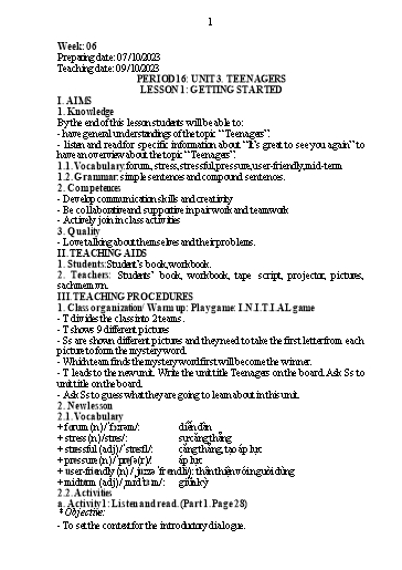 Giáo án Tiếng Anh 8 (Global success) - Unit 3: Teenagers (Lesson 1) - Năm học 2023-2024