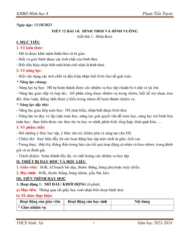 Giáo án Toán 8 (Kết nối tri thức) - Tiết 12, Bài 14: Hình thoi và hình vuông (Tiết 1) - Năm học 2023-2024