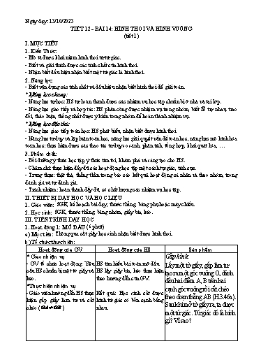 Giáo án Toán Lớp 8 (Kết nối tri thức) - Tiết 12, Bài 14: Hình thoi và hình vuông (Tiết 1) - Năm học 2023-2024