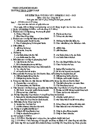 Đề kiểm tra cuối học kì 1 môn Giáo dục công dân 8 - Năm học 2022-2023 - Trường THCS Quán Toan (Có đáp án)