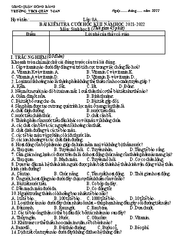 Đề kiểm tra cuối học kì 2 môn Sinh học 8 - Năm học 2021-2022 - Trường THCS Quán Toan (Có đáp án)