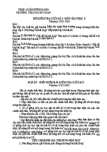 Đề kiểm tra giữa học kì 1 môn Âm nhạc 8 - Năm học 2022-2023 - Trường THCS Quán Toan (Có đáp án)