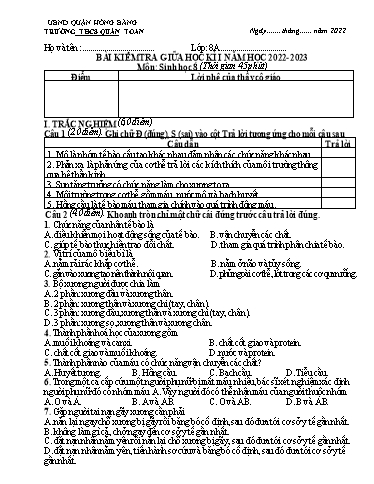 Đề kiểm tra giữa học kì 1 môn Sinh học 8 - Năm học 2022-2023 - Trường THCS Quán Toan (Có đáp án)