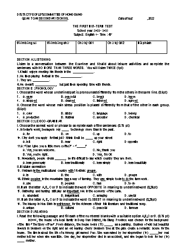 Đề kiểm tra giữa học kì 1 môn Tiếng Anh 8 - Năm học 2022-2023 - Nguyễn Thị Thanh Thủy (Có đáp án + File nghe)