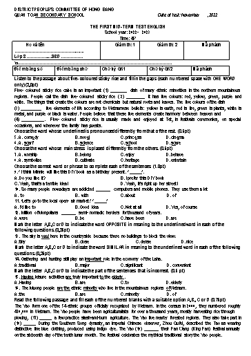 Đề kiểm tra giữa học kì 1 môn Tiếng Anh 8 - Năm học 2022-2023 - Nguyễn Thị Chà (Có đáp án + File nghe)