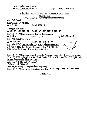 Đề kiểm tra giữa học kì 1 môn Toán 8 - Năm học 2022-2023 - Nguyễn Thị Thúy Mai (Có đáp án)