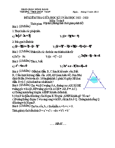 Đề kiểm tra giữa học kì 1 môn Toán 8 - Năm học 2022-2023 - Nguyễn Thị Minh Hồng (Có đáp án)