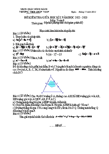 Đề kiểm tra giữa học kì 1 môn Toán 8 - Năm học 2022-2023 - Phạm Thị Thu Thoa (Có đáp án)