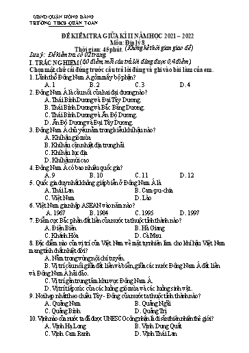 Đề kiểm tra giữa học kì 2 môn Địa lí 8 - Năm học 2021-2022 - Trường THCS Quán Toan (Có đáp án)