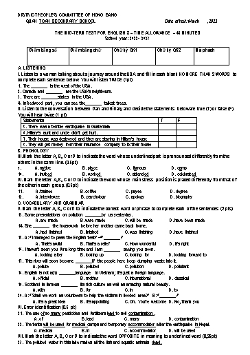 Đề kiểm tra giữa học kì 2 môn Tiếng Anh 8 - Năm học 2022-2023 - Nguyễn Thị Thanh Thúy (Có đáp án + File nghe)