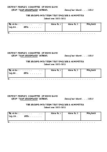 Đề kiểm tra giữa học kì 2 môn Tiếng Anh 8 - Năm học 2022-2023 - Nguyễn Thị Hằng (Có đáp án + File nghe)