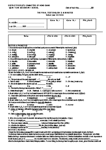 Đề kiểm tra giữa học kì 2 môn Tiếng Anh Lớp 8 - Năm học 2021-2022 - Trần Thị Thu Huyền (Có đáp án)