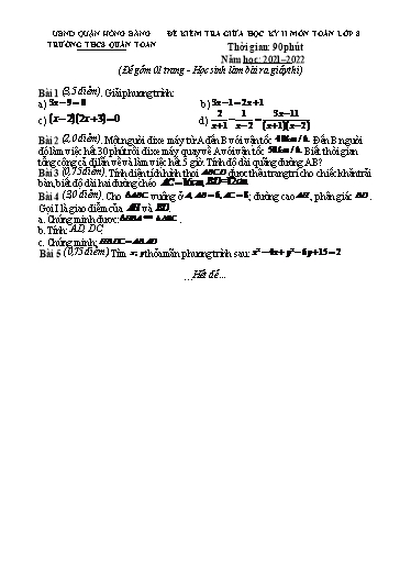 Đề kiểm tra giữa học kì 2 môn Toán 8 - Năm học 2021-2022 - Đoàn Thị Hoàng Anh (Có đáp án)