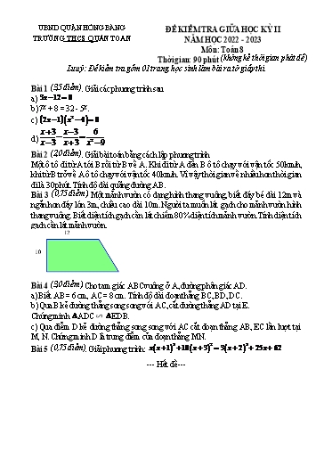 Đề kiểm tra giữa học kì 2 môn Toán 8 - Năm học 2022-2023 - Trường THCS Quán Toan (Có đáp án + Ma trận)