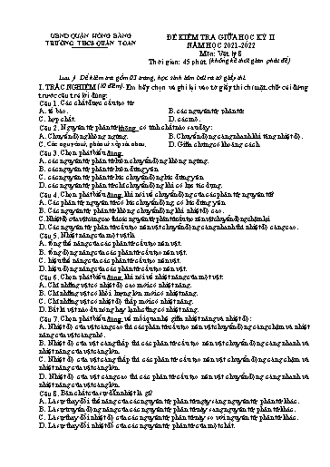 Đề kiểm tra giữa học kì 2 môn Vật lý 8 - Năm học 2021-2022 - Lê Bá Nhật (Có đáp án)