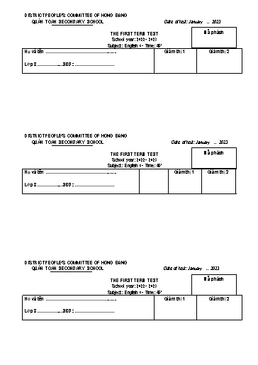 Đề kiểm tra học kì 1 môn Tiếng Anh 8 - Năm học 2022-2023 - Nguyễn Thị Hằng (Có đáp án)