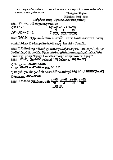 Đề kiểm tra học kì 2 môn Toán 8 - Năm học 2021-2022 - Bùi Thị Hằng (Có đáp án)