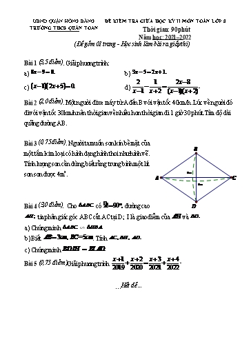 Đề kiểm tra học kì 2 môn Toán 8 - Năm học 2021-2022 - Hoàng Thị Phương (Có đáp án)