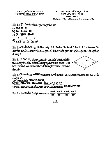 Đề kiểm tra học kì 2 môn Toán 8 - Năm học 2021-2022 - Lê Bá Nhật (Có đáp án)
