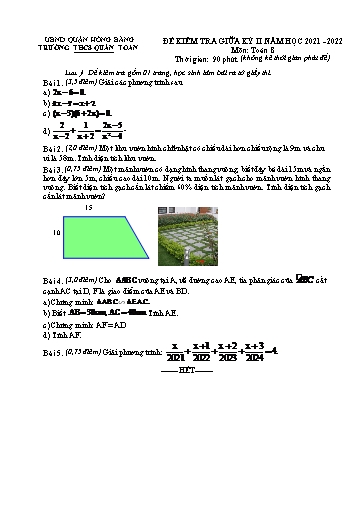 Đề kiểm tra học kì 2 môn Toán 8 - Năm học 2021-2022 - Nguyễn Thị Thanh Thúy (Có đáp án)