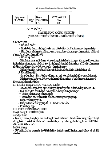 Giáo án Lịch sử 8 (Cánh diều) - Bài 3: Cách mạng công nghiệp (Nửa sau thế kỉ XVIII, giữa thế kỉ XIX) - Năm học 2023-2024 - Trường THCS Nguyễn Chuyên Mỹ