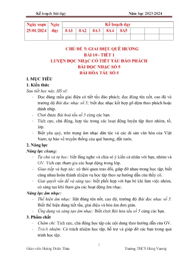 Kế hoạch bài dạy Âm nhạc 8 (Cánh diều) - Chủ đề 5 - Bài 10: Luyện đọc nhạc có tiết tấu đảo phách. Bài đọc nhạc số 5, bài hòa tấu số 5 - Năm học 2023-2024 - Hoàng Doãn Thúc