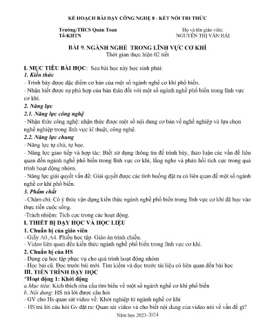Kế hoạch bài dạy Công nghệ 8 (Kết nối tri thức) - Bài 9: Ngành nghề trong lĩnh vực cơ khí - Nguyễn Thị Vân Anh