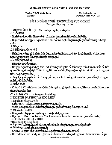 Kế hoạch bài dạy Công nghệ 8 (Kết nối tri thức) - Bài 9: Ngành nghề trong lĩnh vực cơ khí - Năm học 2023-2024 - Nguyễn Thị Vân Hải