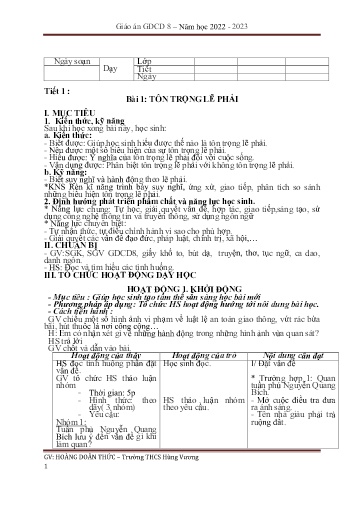 Kế hoạch bài dạy Giáo dục công dân 8 - Tiết 1-16 - Năm học 2022-2023 - Hoàng Doãn Thúc