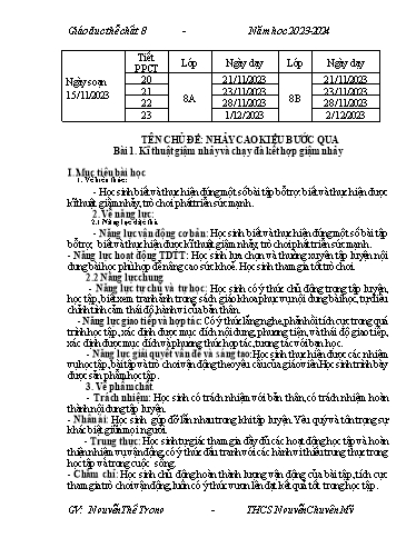 Kế hoạch bài dạy Giáo dục thể chất 8 - Bài 1: Kĩ thuật giậm nhảy và chạy đà kết hợp giậm nhảy - Năm học 2023-2024 - Nguyễn Thế Trọng