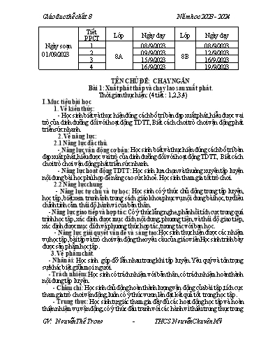 Kế hoạch bài dạy Giáo dục thể chất 8 - Bài 1: Xuất phát thấp và chạy lao sau xuất phát - Năm học 2023-2024 - Nguyễn Thế Trọng