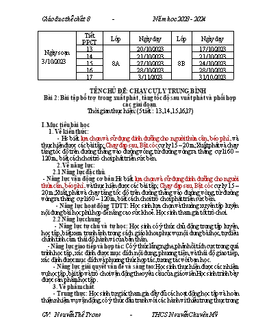 Kế hoạch bài dạy Giáo dục thể chất 8 - Bài 2: Bài tập bổ trợ trong xuất phát, tăng tốc độ sau xuất phát và phối hợp các giai đoạn - Năm học 2023-2024 - Nguyễn Thế Trọng