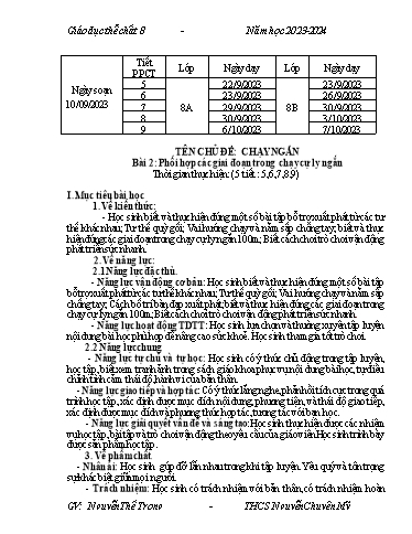 Kế hoạch bài dạy Giáo dục thể chất 8 - Bài 2: Phối hợp các giai đoạn trong chạy cự ly ngắn - Năm học 2023-2024 - Nguyễn Thế Trọng