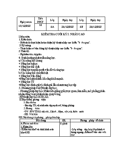 Kế hoạch bài dạy Giáo dục thể chất 8 - Bài: Kiểm tra cuối kì 1 Nhảy cao - Năm học 2023-2024 - Trường THCS Nguyễn Chuyên Mỹ