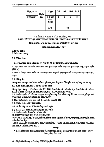Kế hoạch bài dạy Giáo dục thể chất 8 - Chủ đề 1 - Bài 1: Kĩ thuật xuất phát thấp và chạy lao sau xuất phát - Năm học 2024-2025 - Ngô Mai Hương