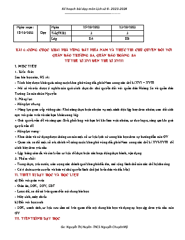 Kế hoạch bài dạy Lịch sử 8 (Cánh diều) - Bài 6: Công cuộc khai phá vùng đất phía Nam từ thế kỉ XVI đến thế kỉ XVIII - Năm học 2023-2024 - Nguyễn Thị Huyền