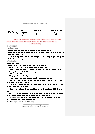 Kế hoạch bài dạy Lịch sử 8 (Cánh diều) - Bài 7: Vai trò của tài nguyên khí hậu và tài nguyên nước đối với sự phát triển kinh tế - Xã hội của nước ta - Năm học 2023-2024 - Nguyễn Thị Huyền