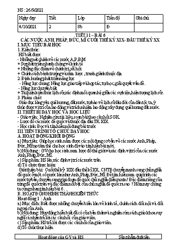 Kế hoạch bài dạy Lịch sử 8 (Cánh diều) - Tiết 11 - Bài 6: Các nước Anh, Pháp, Đức, Mĩ cuối thế kỷ XIX - đầu thế kỷ XX - Năm học 2021-2022 - Trường THCS Nguyễn Chuyên Mỹ
