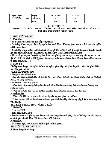 Kế hoạch bài dạy Lịch sử 8 (Kết nối tri thức) - Bài 11: Phong trào công nhân từ cuối thế kỉ XVIII đến đầu thế kỉ XX và sự ra đời của chủ nghĩa khoa học - Năm học 2023-2024 - Trường THCS Nguyễn Chuyên Mỹ
