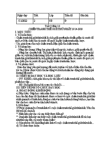 Kế hoạch bài dạy Lịch sử 8 (Kết nối tri thức) - Bài 13: Chiến tranh thế giới thứ nhất 1914-1918 - Trường THCS Nguyễn Chuyên Mỹ