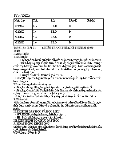 Kế hoạch bài dạy Lịch sử 8 (Kết nối tri thức) - Bài 21: Chiến tranh thế giới thứ hai (1939-1945) - Năm học 2022-2023 - Trường THCS Nguyễn Chuyên Mỹ