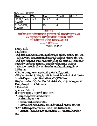 Kế hoạch bài dạy Lịch sử 8 (Kết nối tri thức) - Bài: Những chuyển biến về kinh tế, xã hội ở Việt Nam và phong trào yêu nước chống Pháp từ đầu thế kỷ XX đến năm 1918 - Năm học 2022-2023 - Trường THCS Nguyễn Chuyên Mỹ